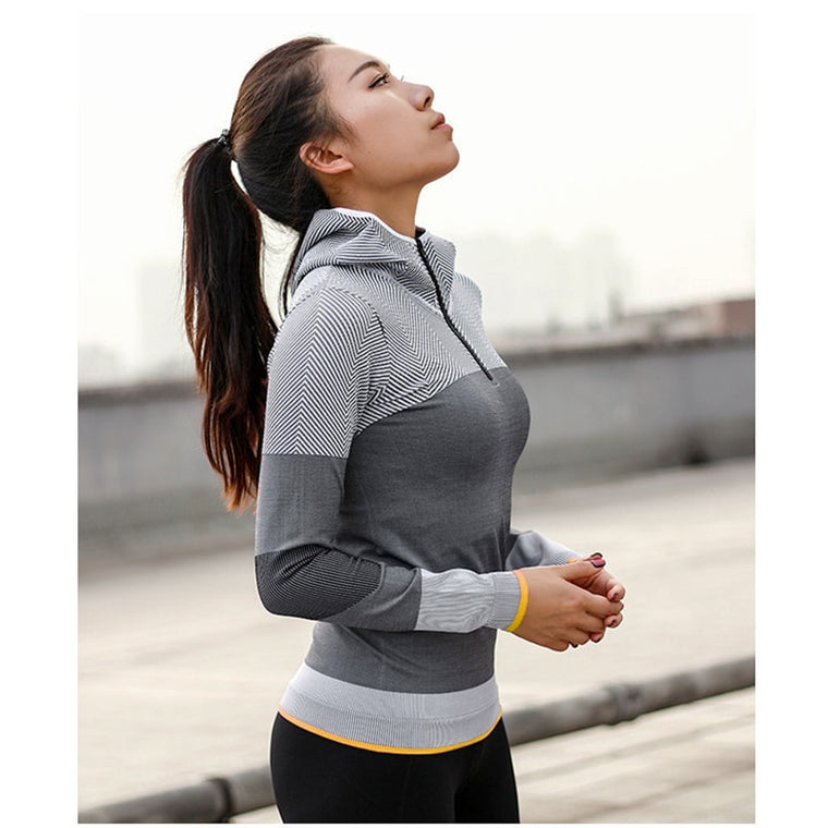 Women Hooded running jacket Long Sleeve Sweatshirt Ladies Yoga Sports Zipper Jacket Fitness Gym Shirts Women's Dropship