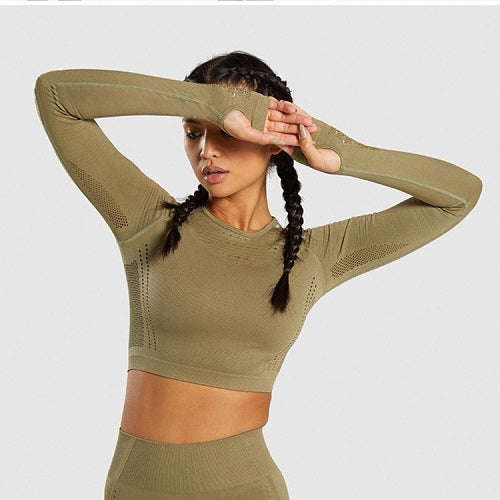 Women Seamless Yoga Sets Workout Clothes for Women Long Sleeve Crop Top Mesh Leggings Running Sport Suit Gym Clothing 2 Pieces